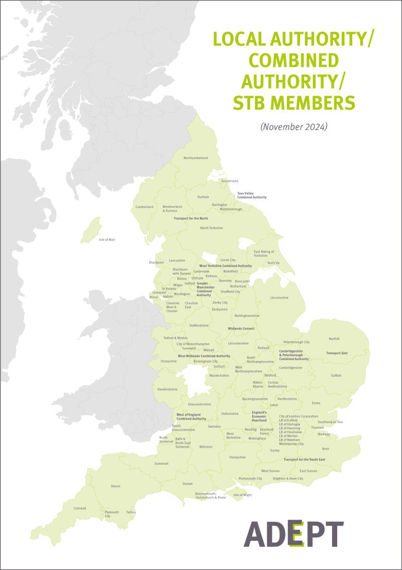 Map of Britain showing which local and combined authorities are members of ADEPT.