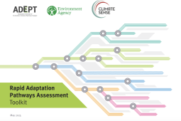an image showing the front cover of the Rapid Adaptation Pathways Assessment toolkit with a design featuring graphic design pathways and logos for ADEPT, the Environment Agency and Climate Sense
