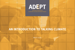 front cover image of the An Introduction to Talking Climate guide - desaturated image of people speaking overlaid with title text and ADEPT logo