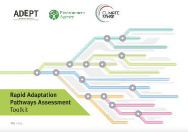 an image showing the front cover of the Rapid Adaptation Pathways Assessment toolkit with a design featuring graphic design pathways and logos for ADEPT, the Environment Agency and Climate Sense